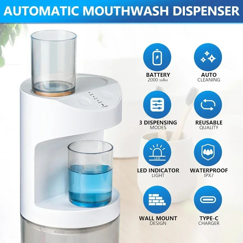 Automatic Mouthwash Dispenser featuring Magnetic Cups and 3 Dispensing Levels - 550ml